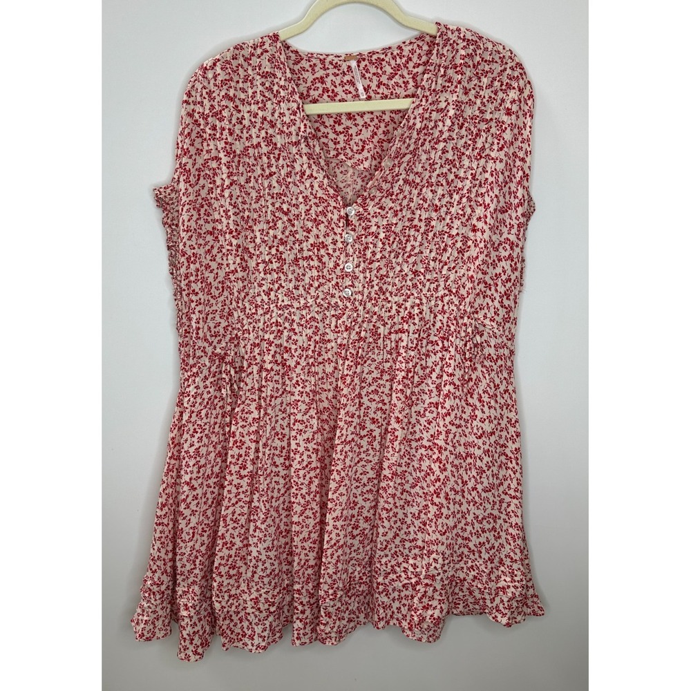 Free People One Fine Day Mini Dress Red Cream Ditsy Floral Pintuck XS Oversized - Picture 15 of 15